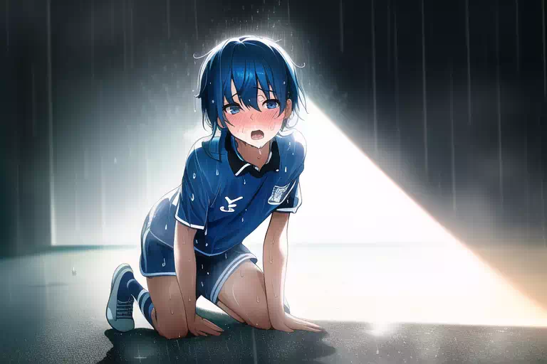 雨にうたれるサッカー少年