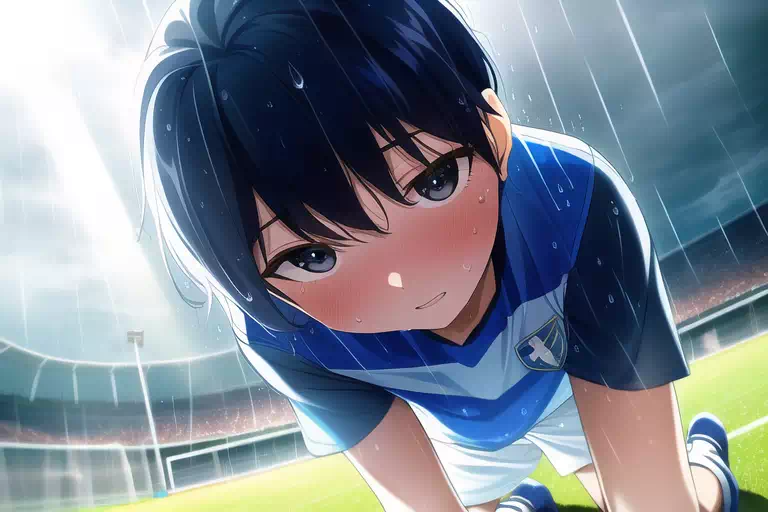 雨にうたれるサッカー少年