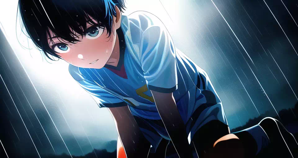 雨にうたれるサッカー少年