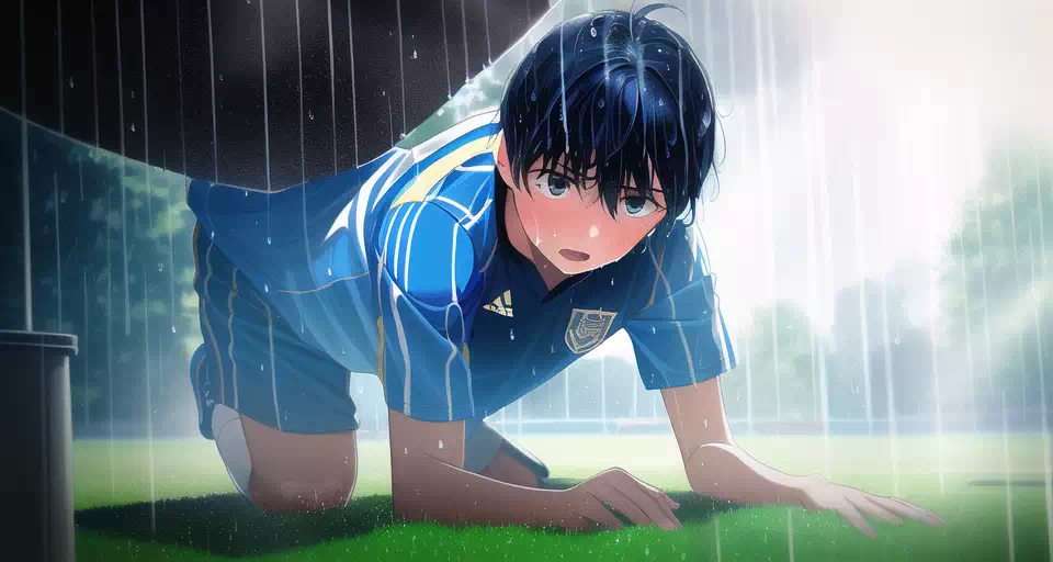 雨にうたれるサッカー少年