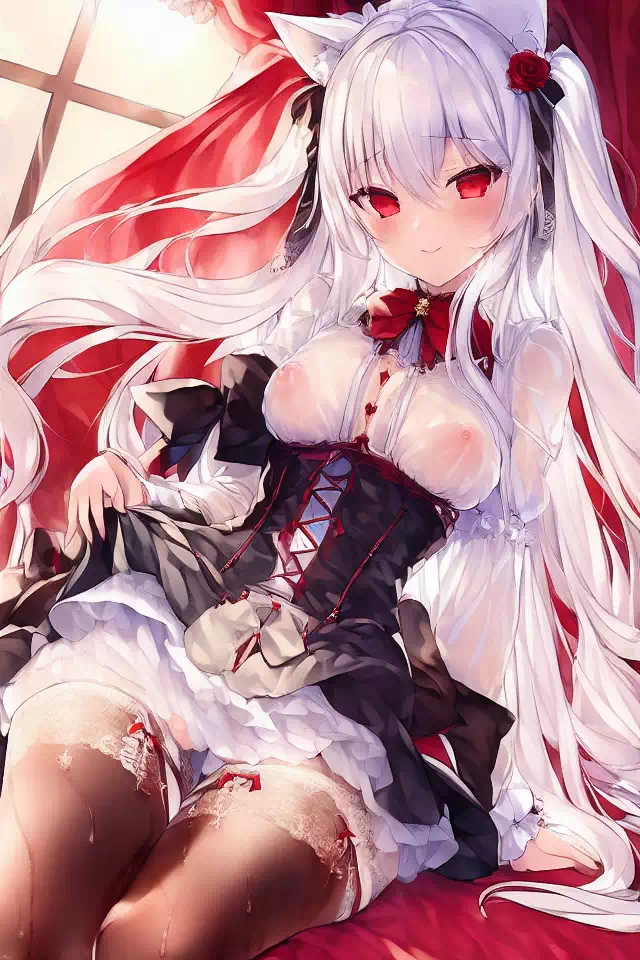 white hair,red eyes,cat ears,