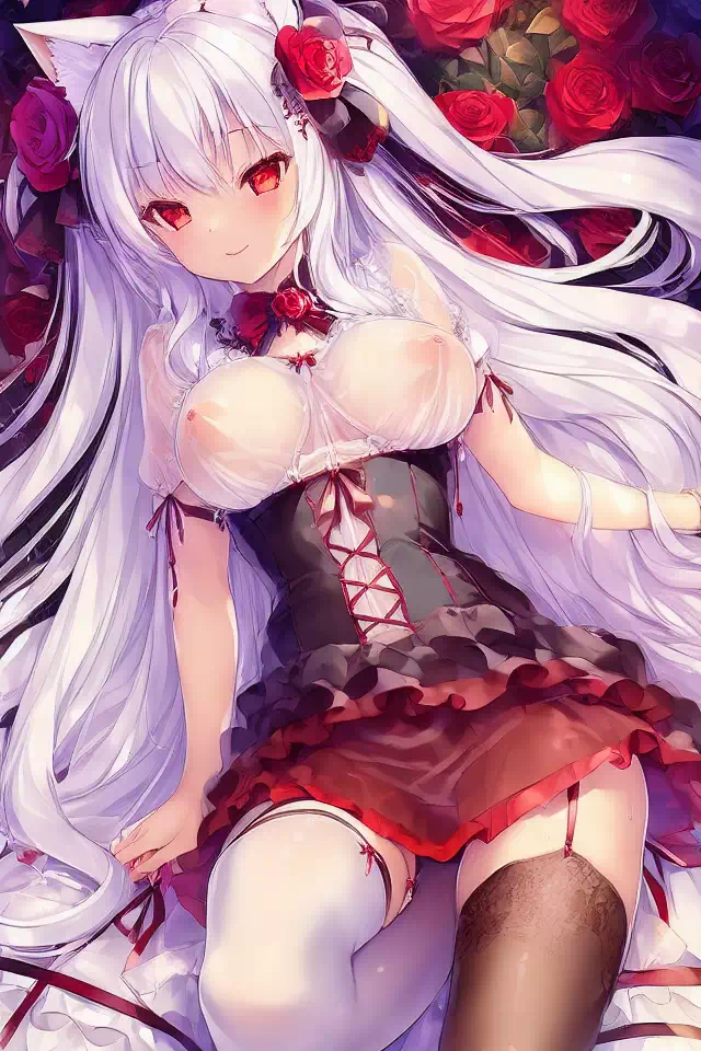 white hair,red eyes,cat ears,