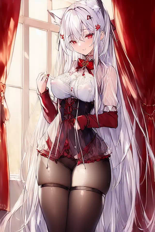 white hair,red eyes,cat ears,