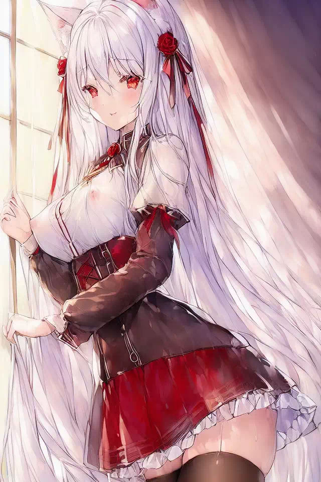 white hair,red eyes,cat ears,