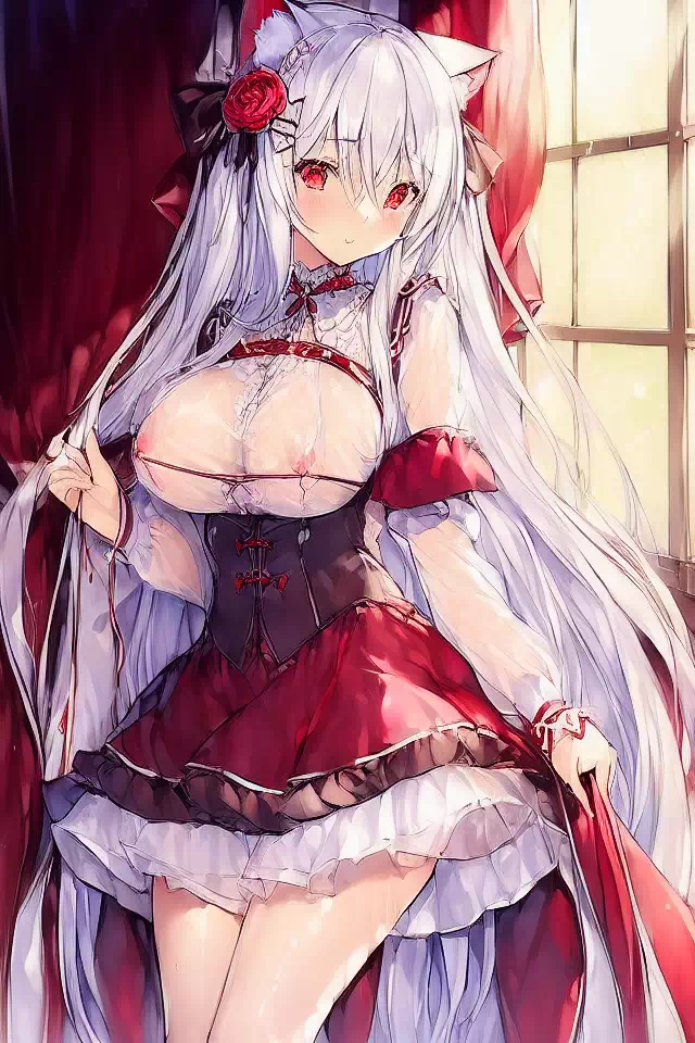 white hair,red eyes,cat ears,