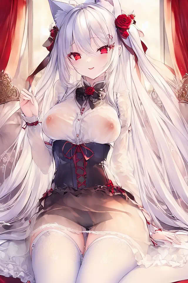 white hair,red eyes,cat ears,