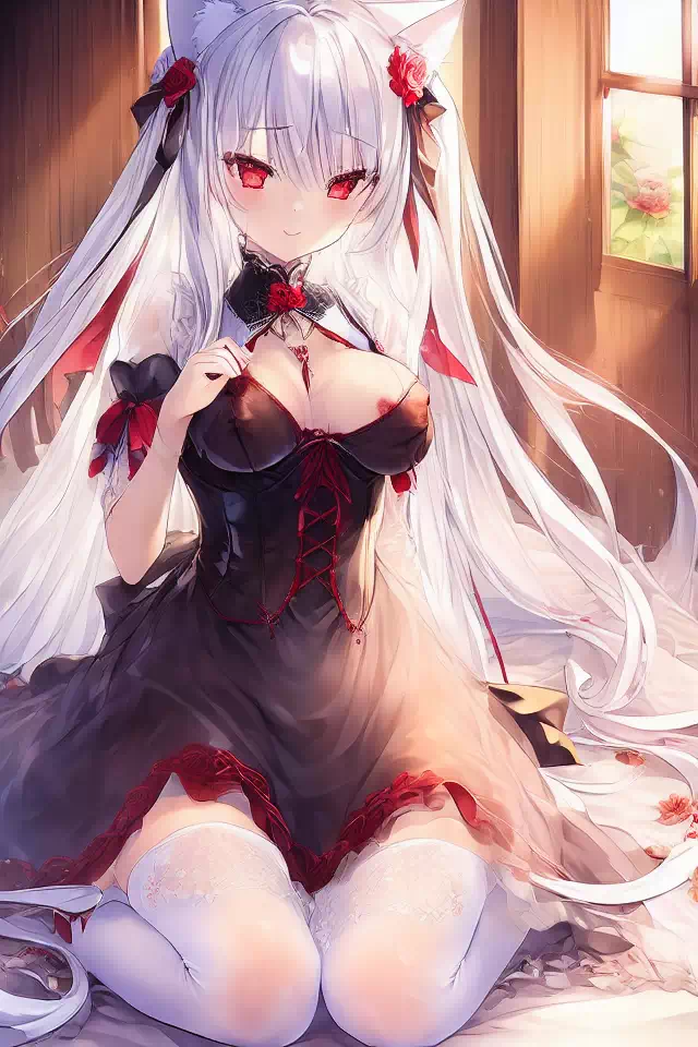 white hair,red eyes,cat ears,