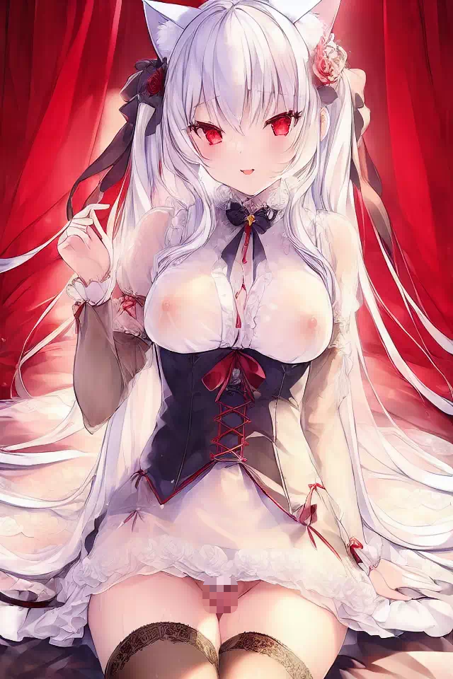 white hair,red eyes,cat ears,