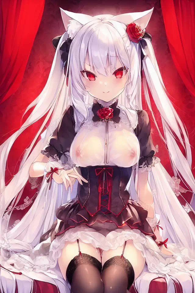 white hair,red eyes,cat ears,