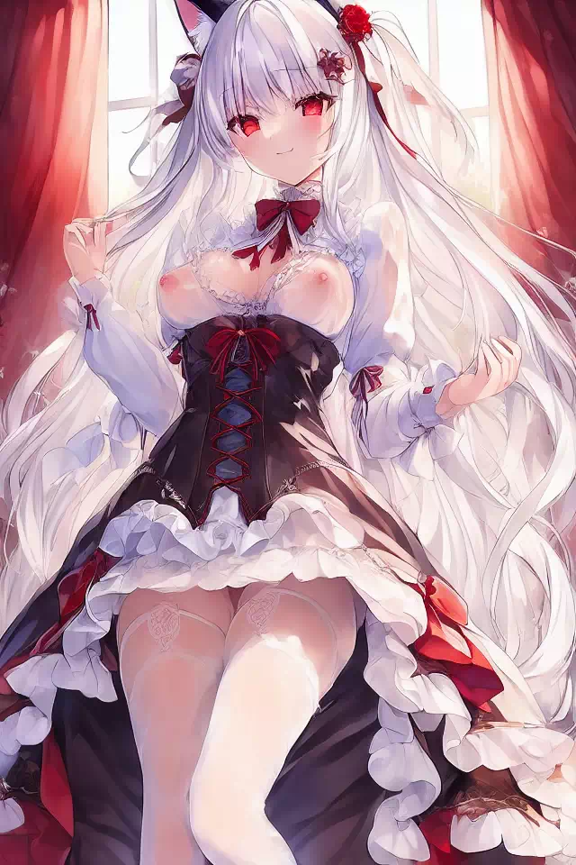 white hair,red eyes,cat ears,