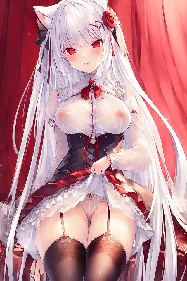 white hair,red eyes,cat ears,