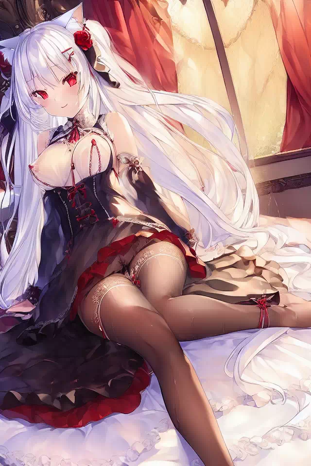 white hair,red eyes,cat ears,