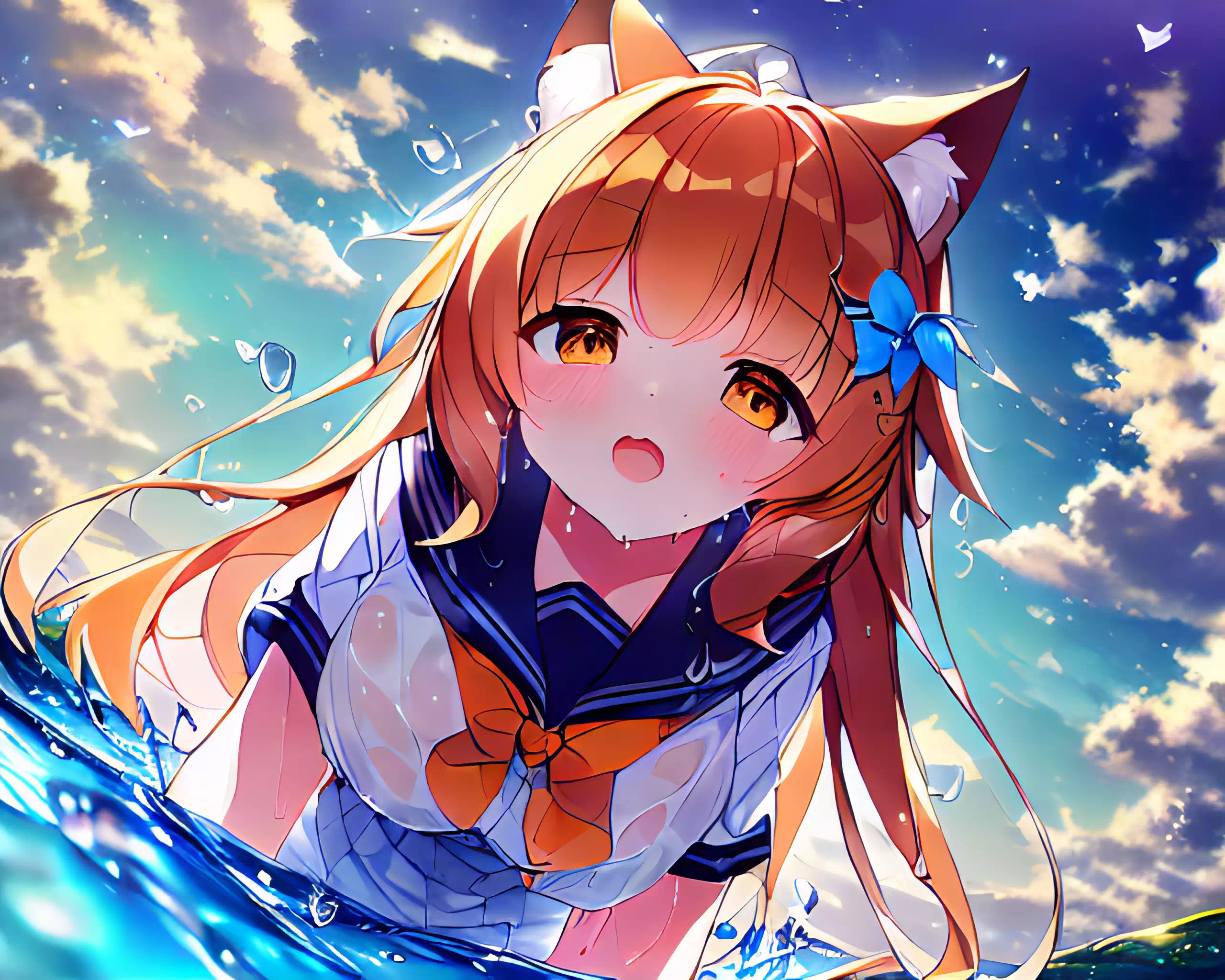 cat girl play in the water