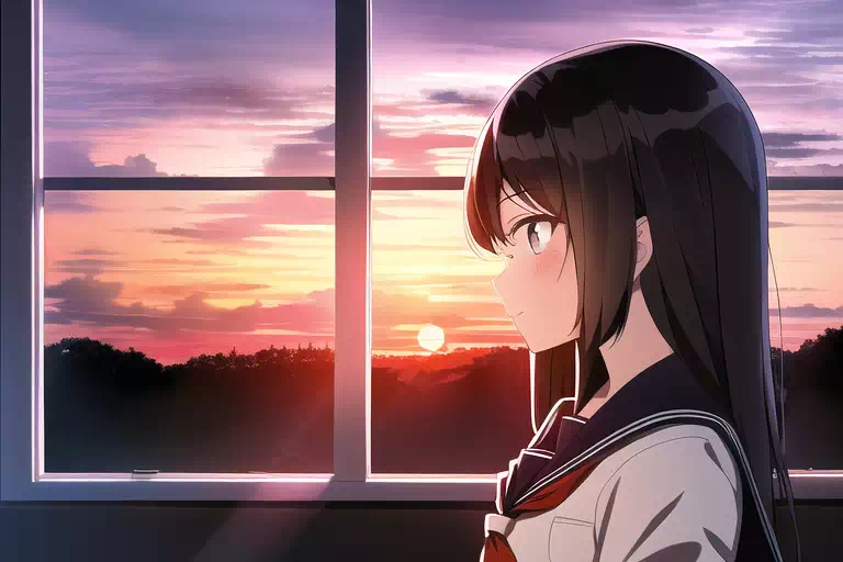 夕日が差し込む教室で黄昏てる女の子