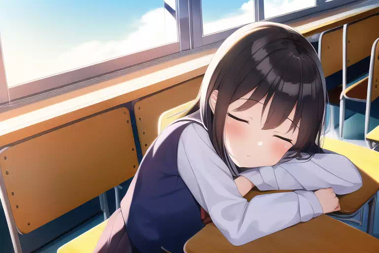 教室の窓際の席で居眠りをする女の子