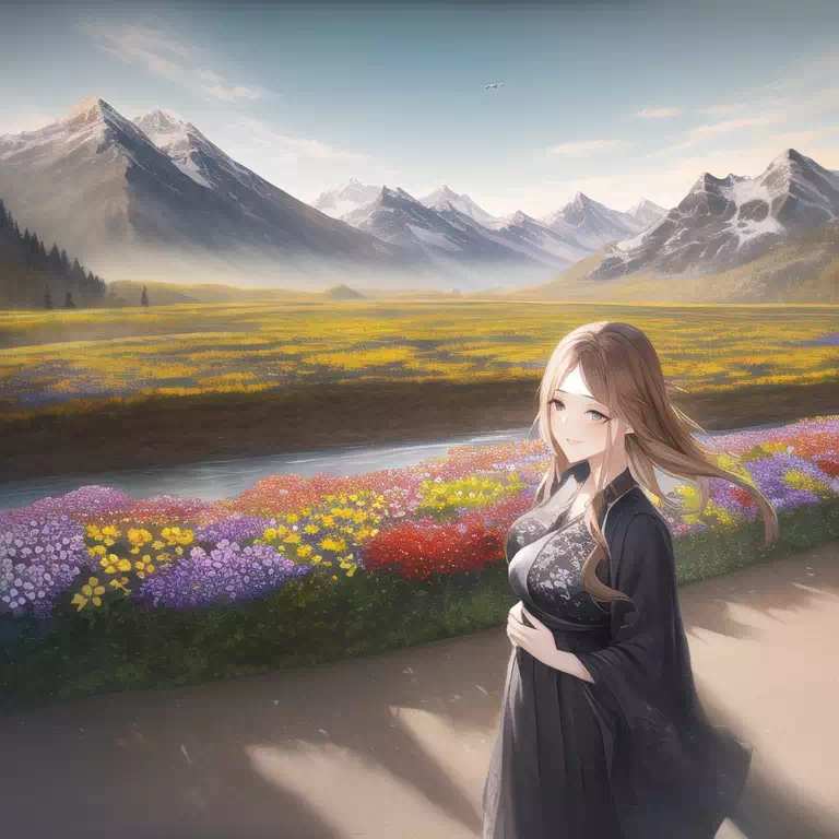 Spring, girl, flower, mountain