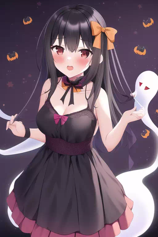 ハロウィンに幽霊と一緒に過ごす少女たち