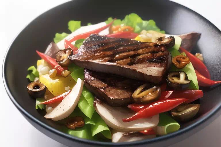 Roast lamb with mushrooms and pe