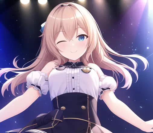 ステージ上でウインクしながら呼びかけるアイドル