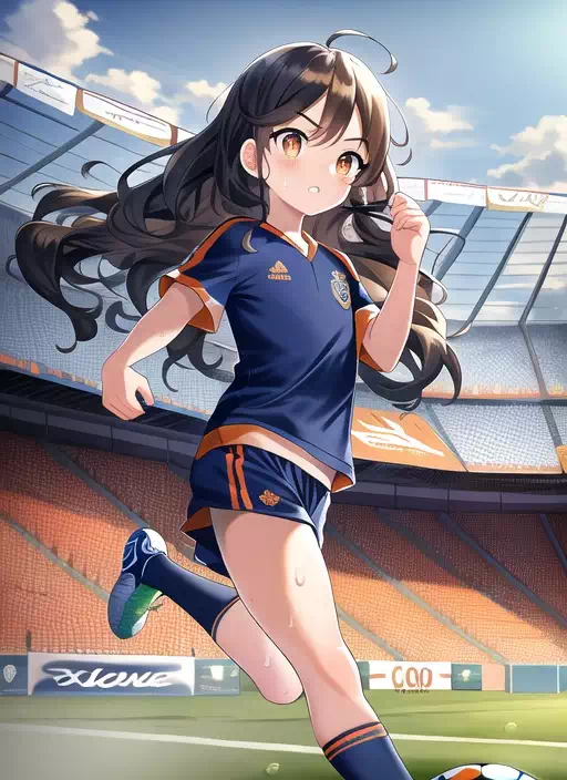 サッカー場でサッカーをする少女 (2)