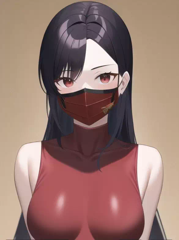 赤マスク赤ボディスーツの黒髪ロング美女
