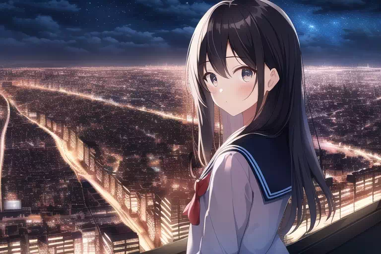 東京スカイツリーの展望台から夜景を眺める女子高生
