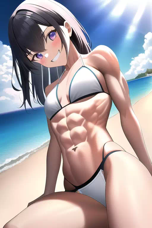 【AI】青い海と、浜辺で輝く腹筋