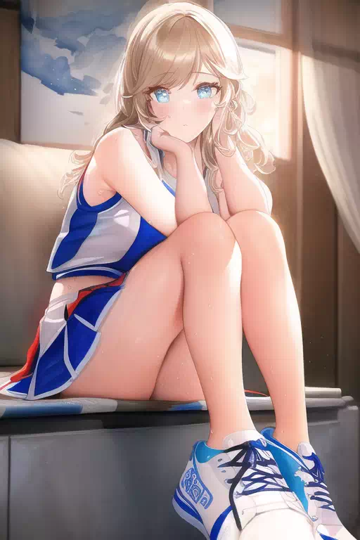 銭湯の前で靴も綺麗にしてくれるのを待つお嬢様チアガールJK