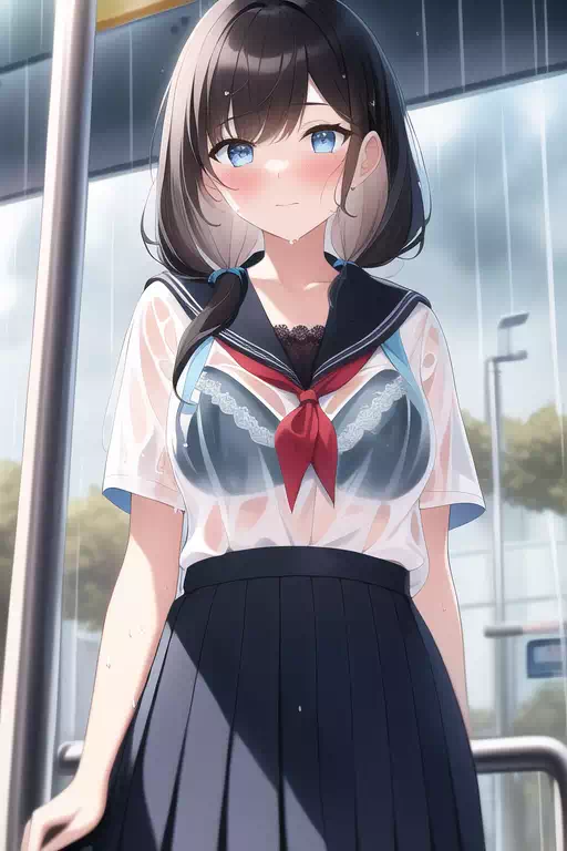 雨宿りをする女の子