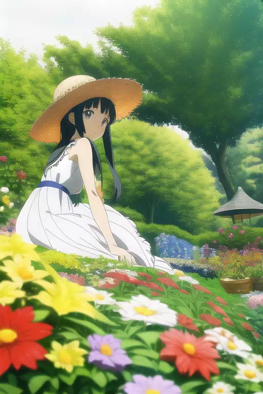 庭園に佇む麦わら帽子の少女