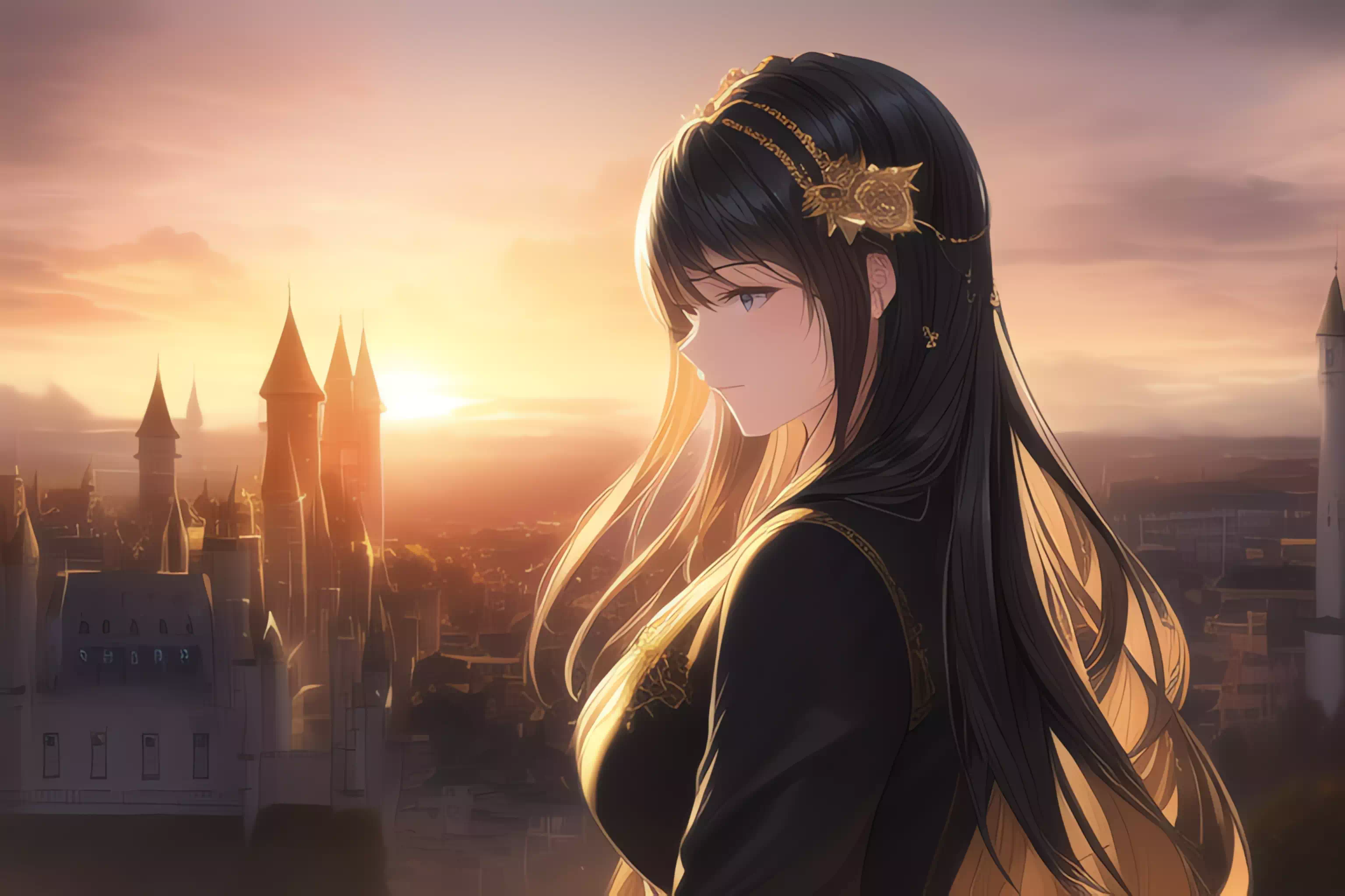 夕焼けに佇む黒髪のお嬢様