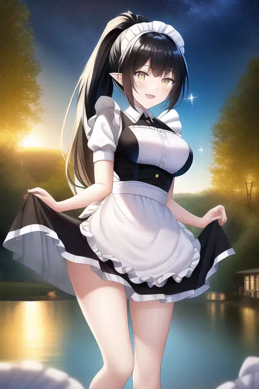 水辺ではしゃぐエルフメイド