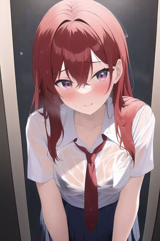赤髪ロングJK　制服濡れ①