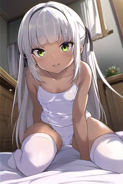 褐色娘&times;銀髪&times;水着&times;靴下