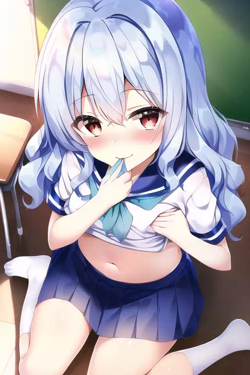たくし上げてお腹を見せる女の子