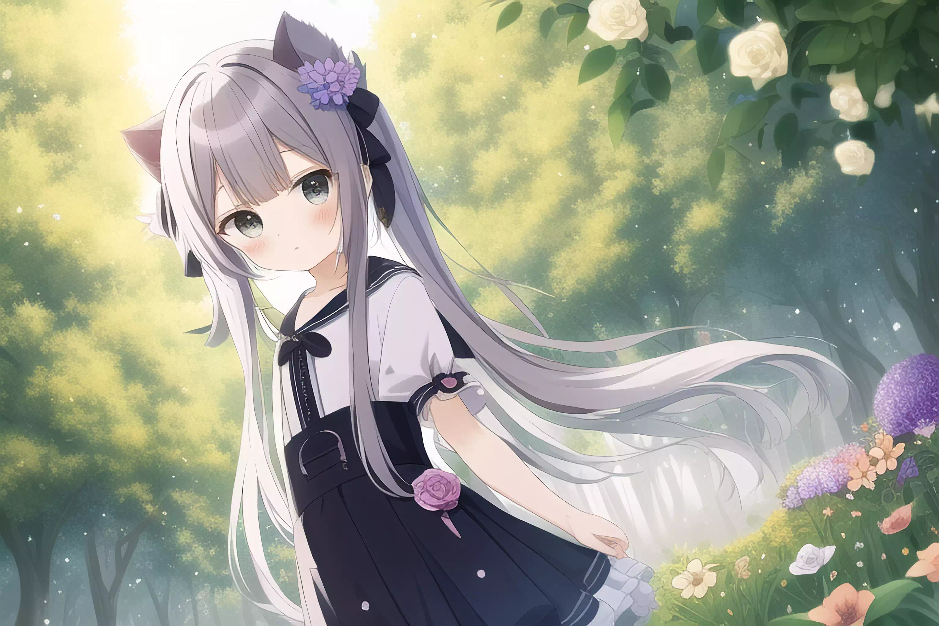 花と銀髪少女