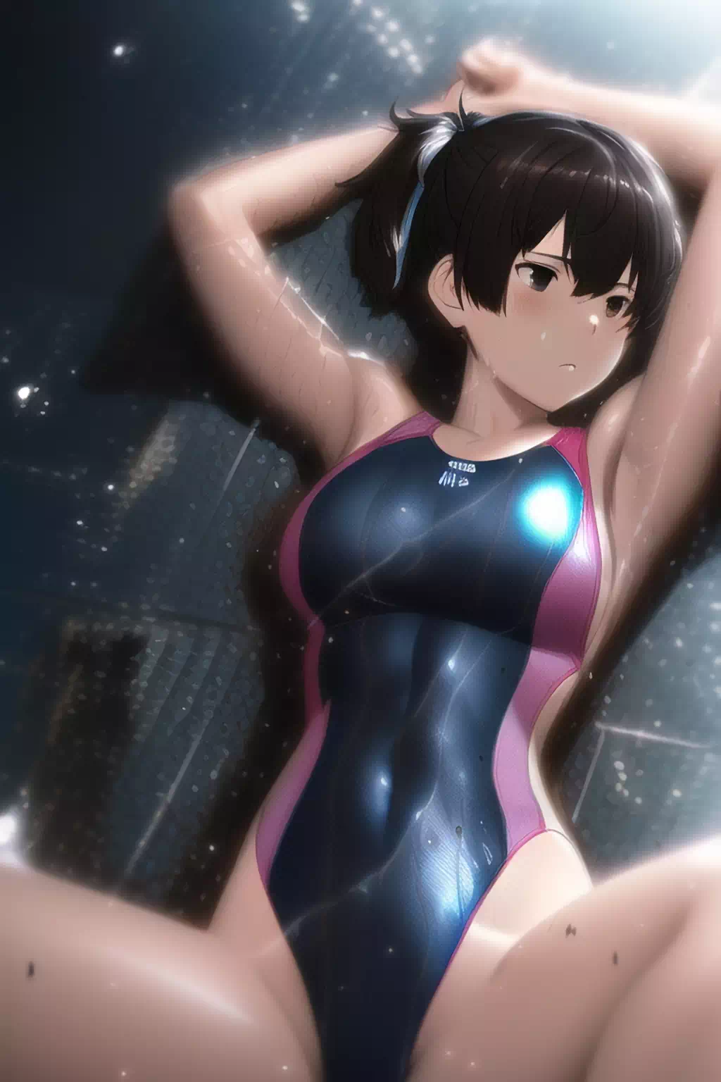 横たわる競泳水着の加賀さん