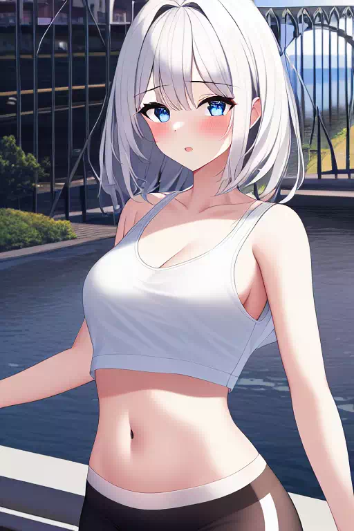 へそが見える白いTシャツにレギンス姿で公園の橋で写真を撮る。