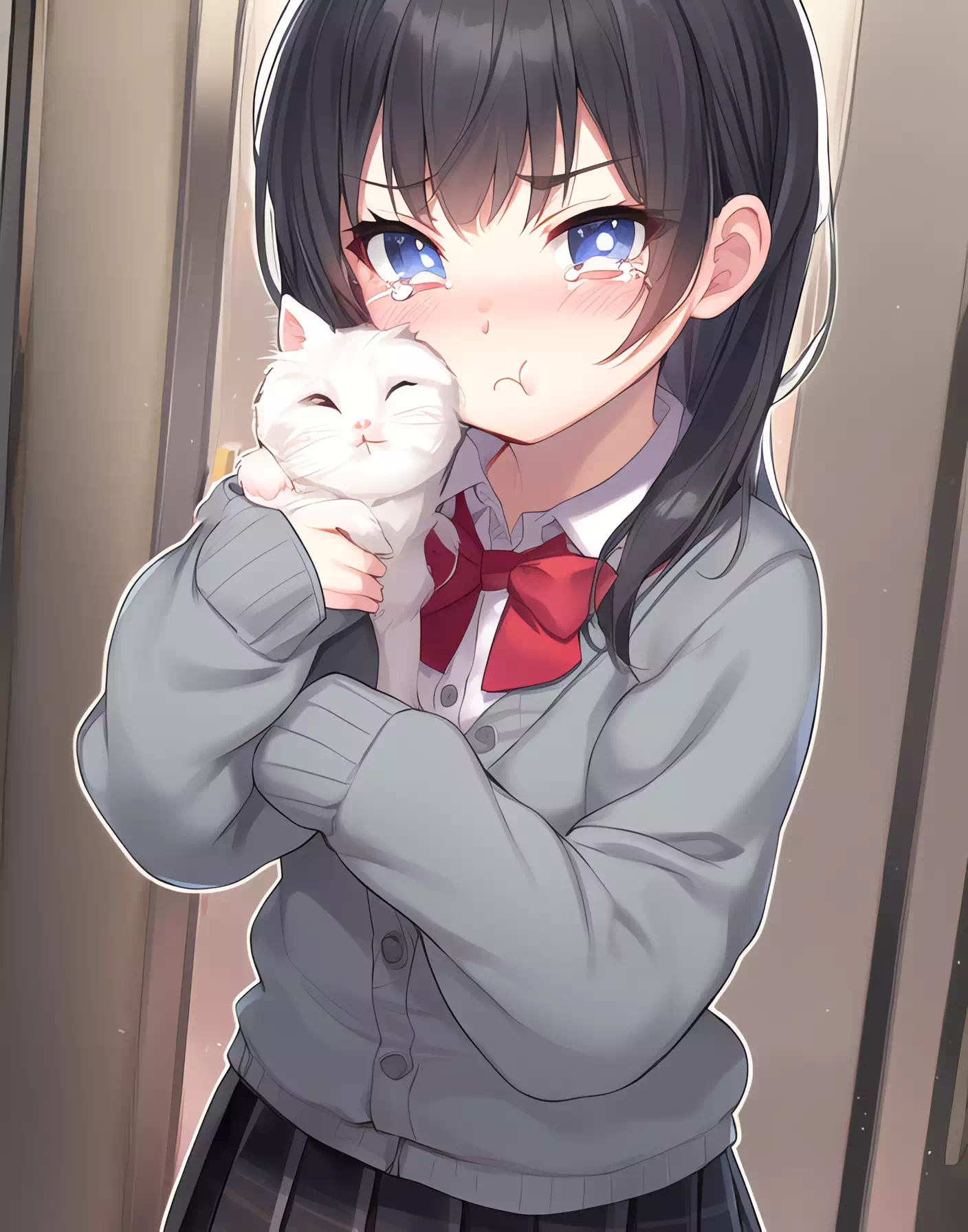 捨て猫を家で飼えないと言われて涙目でふくれっ面の女の子