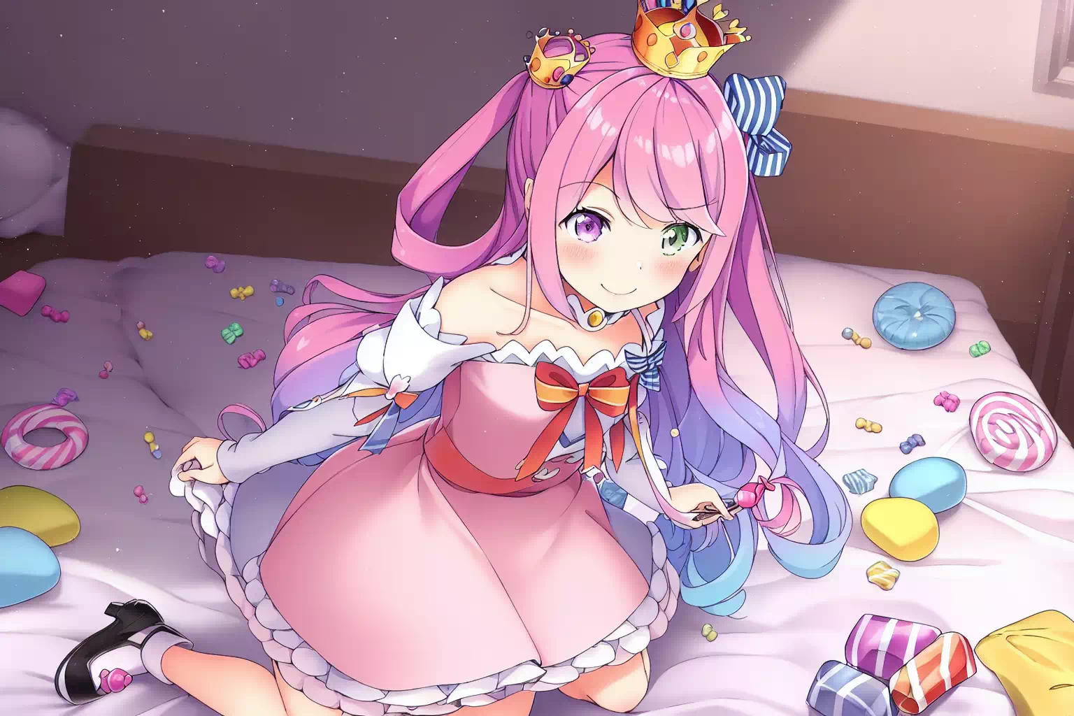 Luna on bed with candy