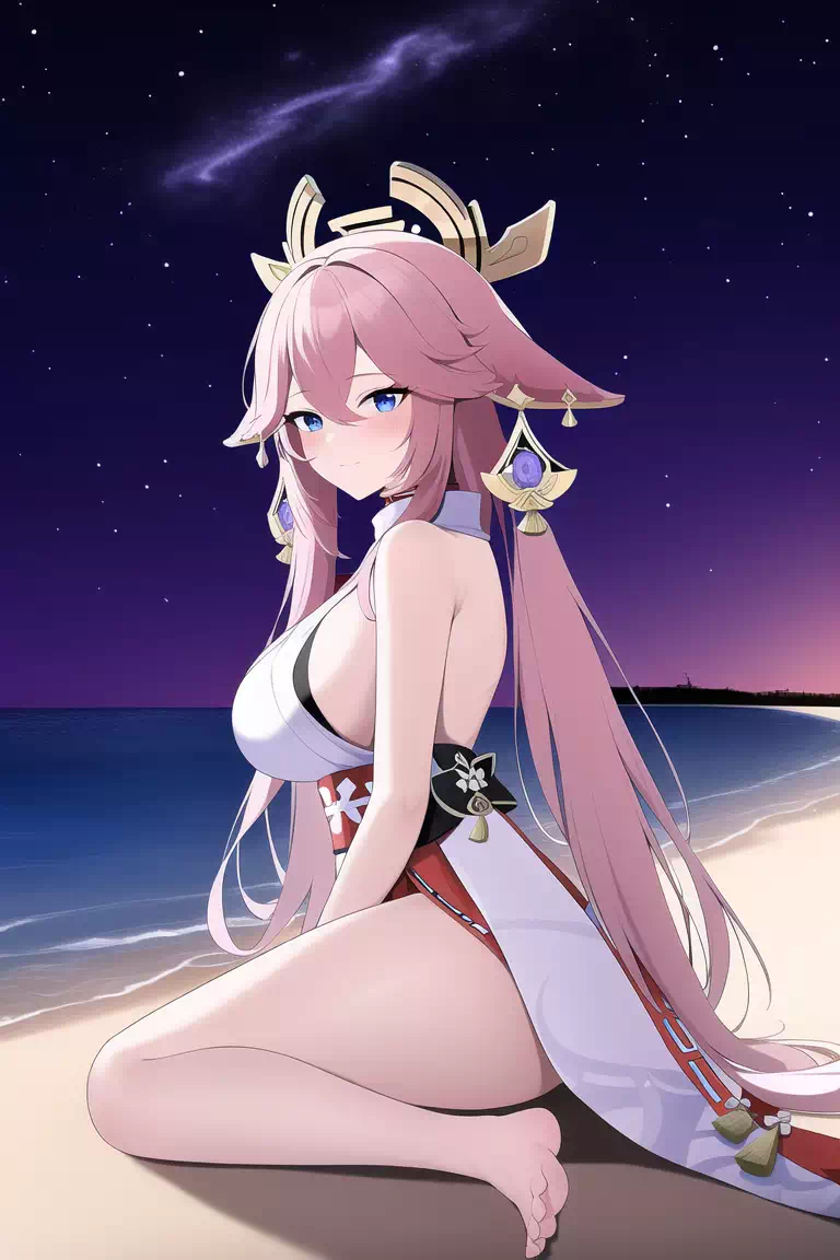 夜のビーチの八重神子さん