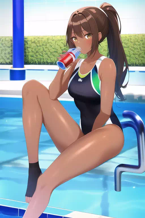 褐色茶髪ポニテ競泳水着のプール監視員のお姉さん