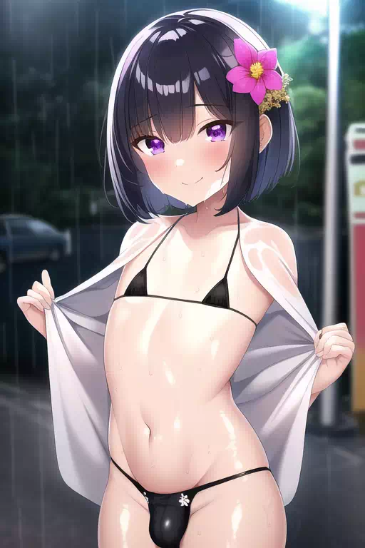 雨天マイクロビキニ野外露出男の娘