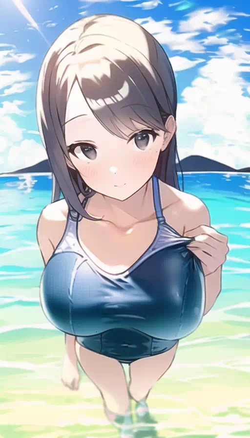 上目遣いのスクール水着巨乳女子です